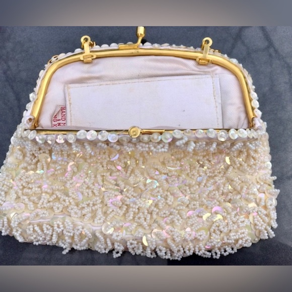 Vintage 1950s White Beaded Sequined Clutch Wristlet Handbag Coin Purse Satchel - Picture 4 of 8